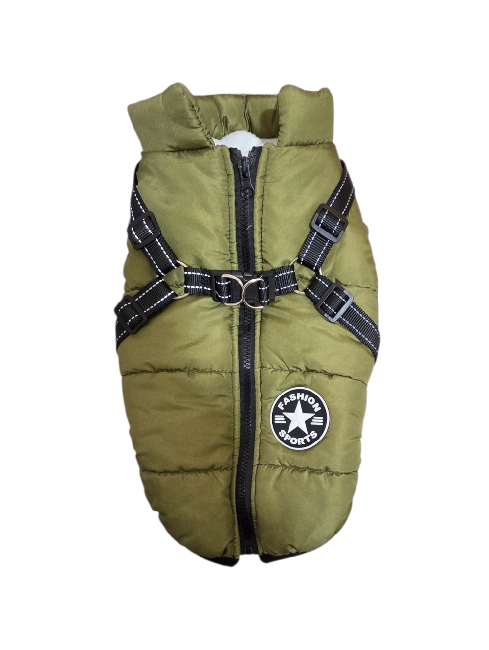 Olive Green Puffer Dog Vest with Harness
